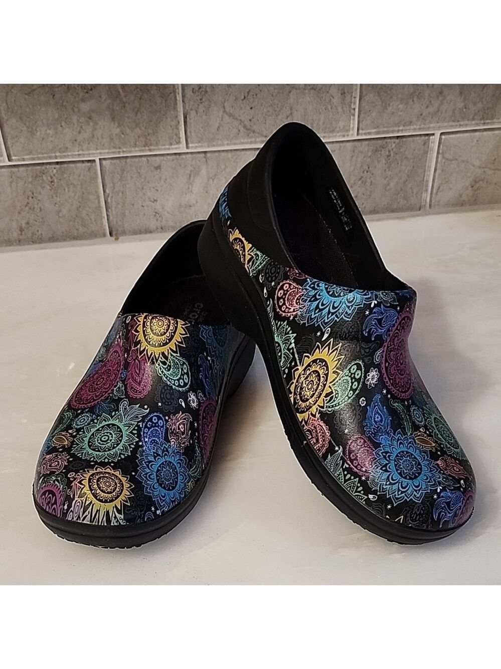 CROCS Black and Blue Comfort Clogs with Artistic Design